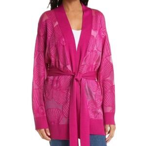 Fuzzi NWT Fuchsia Floral Jacquard Belted Cardigan Size XS Bouganvilla Pink Italy
